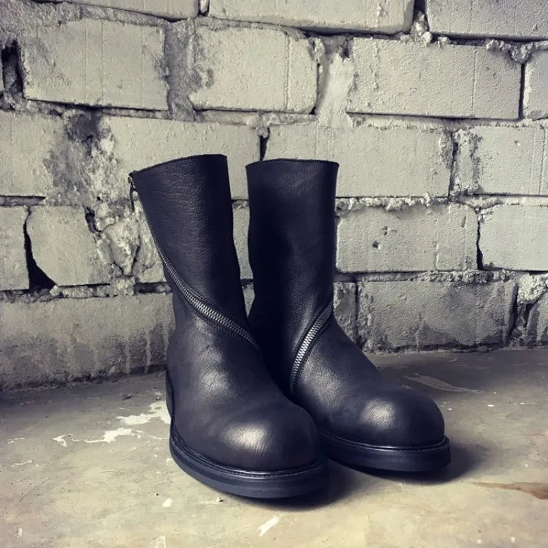 New Men Vintage Boots Round Toe Genuine Leather Mid-Calf Boot Punk Winter Handmade Black Motorcycle Biker Booties Zapatos Hombre