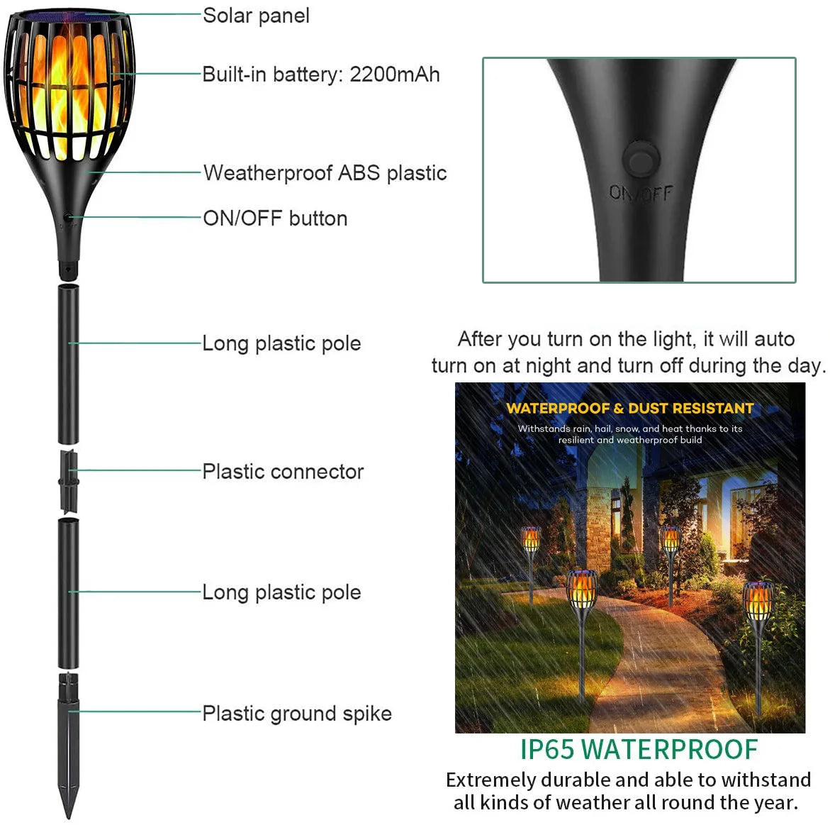 96LED Outdoor Solar Light Vertical Flame Torch Flickering Waterproof Garden Landscape Decorative ProjectionLawn Path Yard Patio