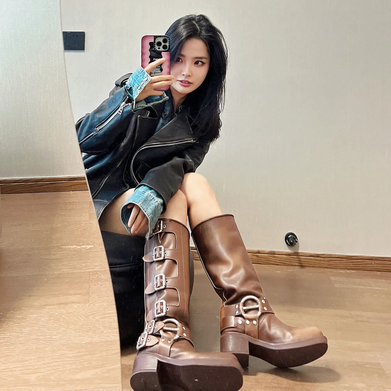 Women's High Platform Boots Metal Buckle Thick Heel Motorcycle Boots Vintage Soft Leather Punk Boot Brown Leather Knight Boot