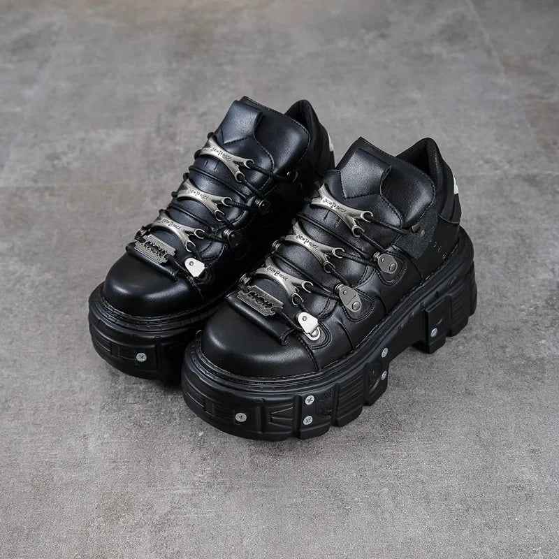 2025 New Black Dad Shoes 8cm Platform Women's Heavy Metal Personality Goth Punk Boots Men