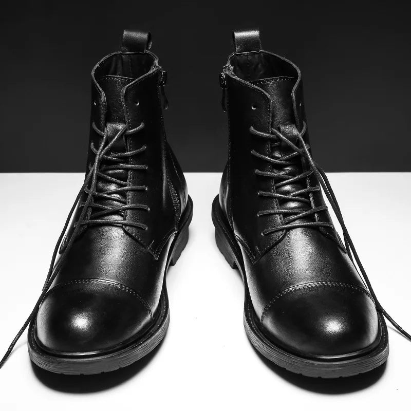 A047 New Men's Boots British High Calf Man Shoes Fashion Round Toe Ankle Boots Comfort Flats Shoes Leather Motorbike Shoe