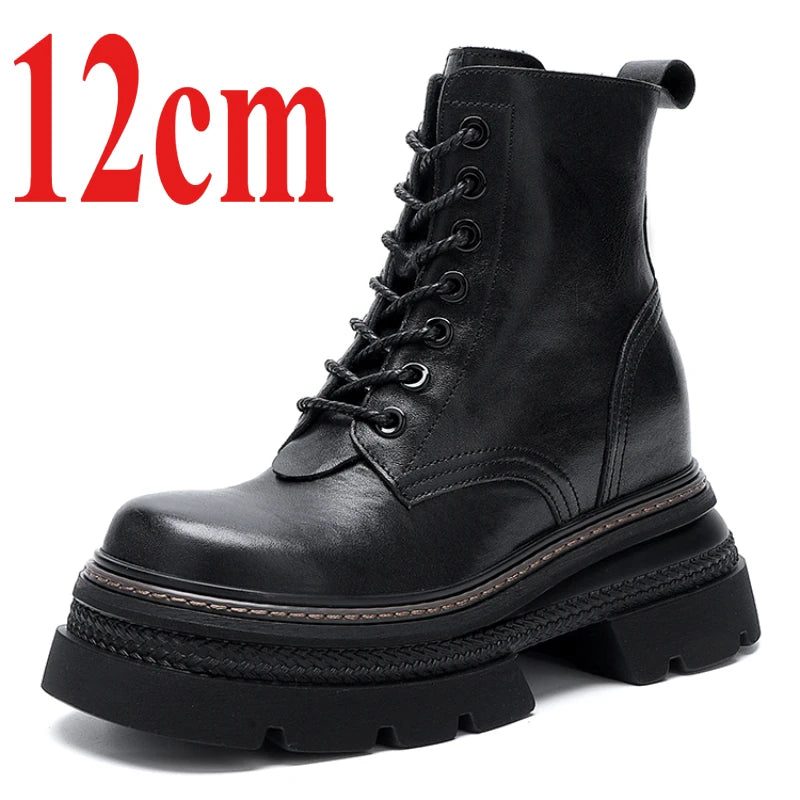 Genuine Leather Fashionable Comfortable 16cm Height Increasing Boots Shoes for Women's 14cm Thick Bottom Round Head Short Boots
