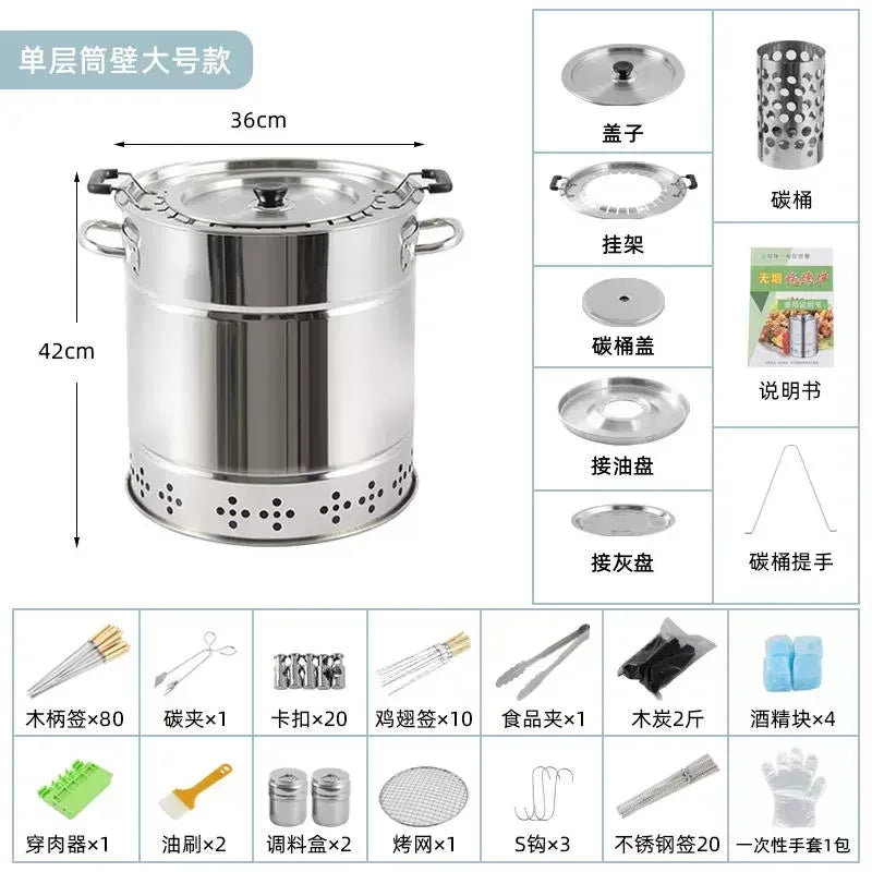 Smokeless Barrel BBQ Grill, Charcoal Rotisserie for Home, Commercial, Outdoor Meat Skewer, Portable Roaster