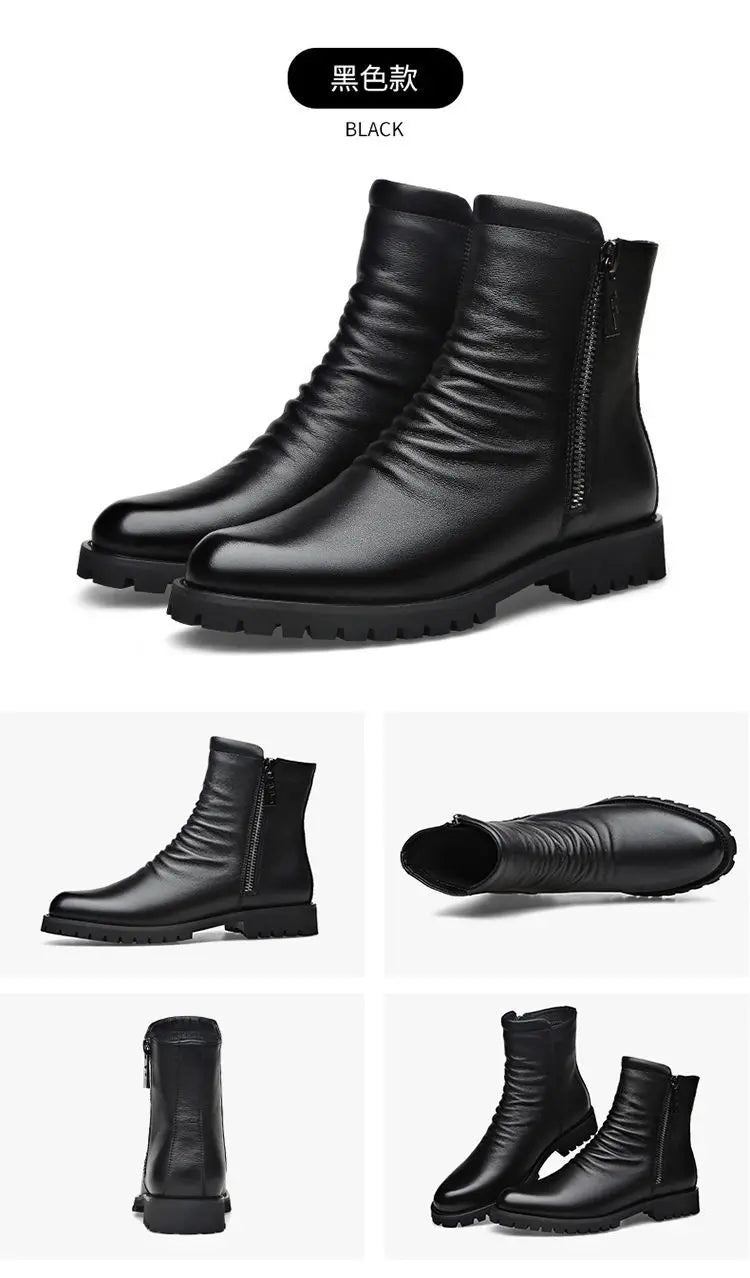 Ankle Boots Mens Split Soft Leather Mid Top Winter Vintage Plush Warm Soft Leather High Top British Side Zipper Chelsea Boots