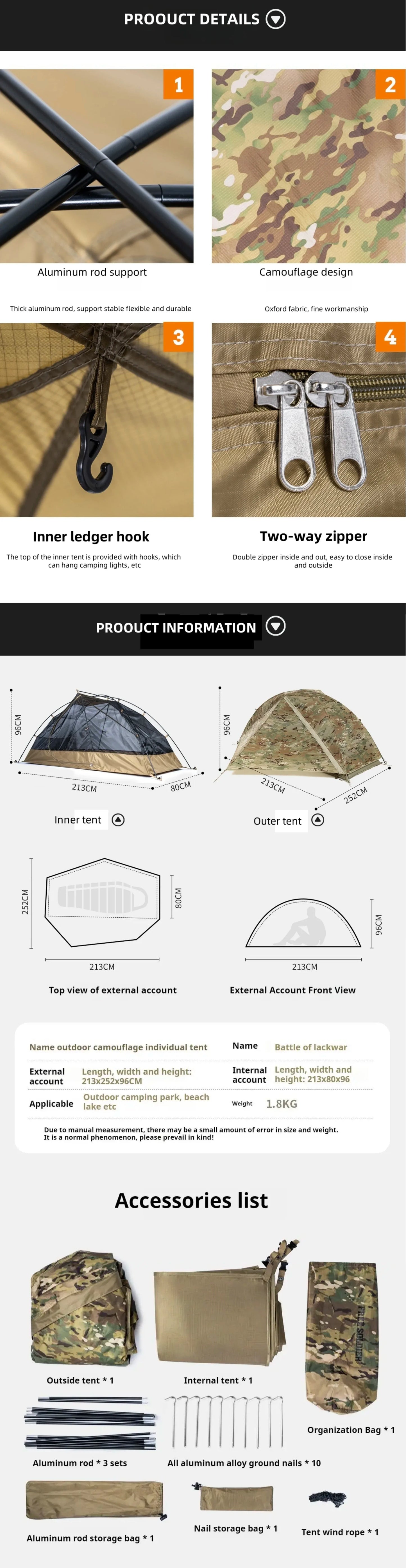 Ultra-Lightweight 1.8KG Military Tent Waterproof Windproof Quick Setup Backpack Tent for Camping Hiking Beach Backpacking