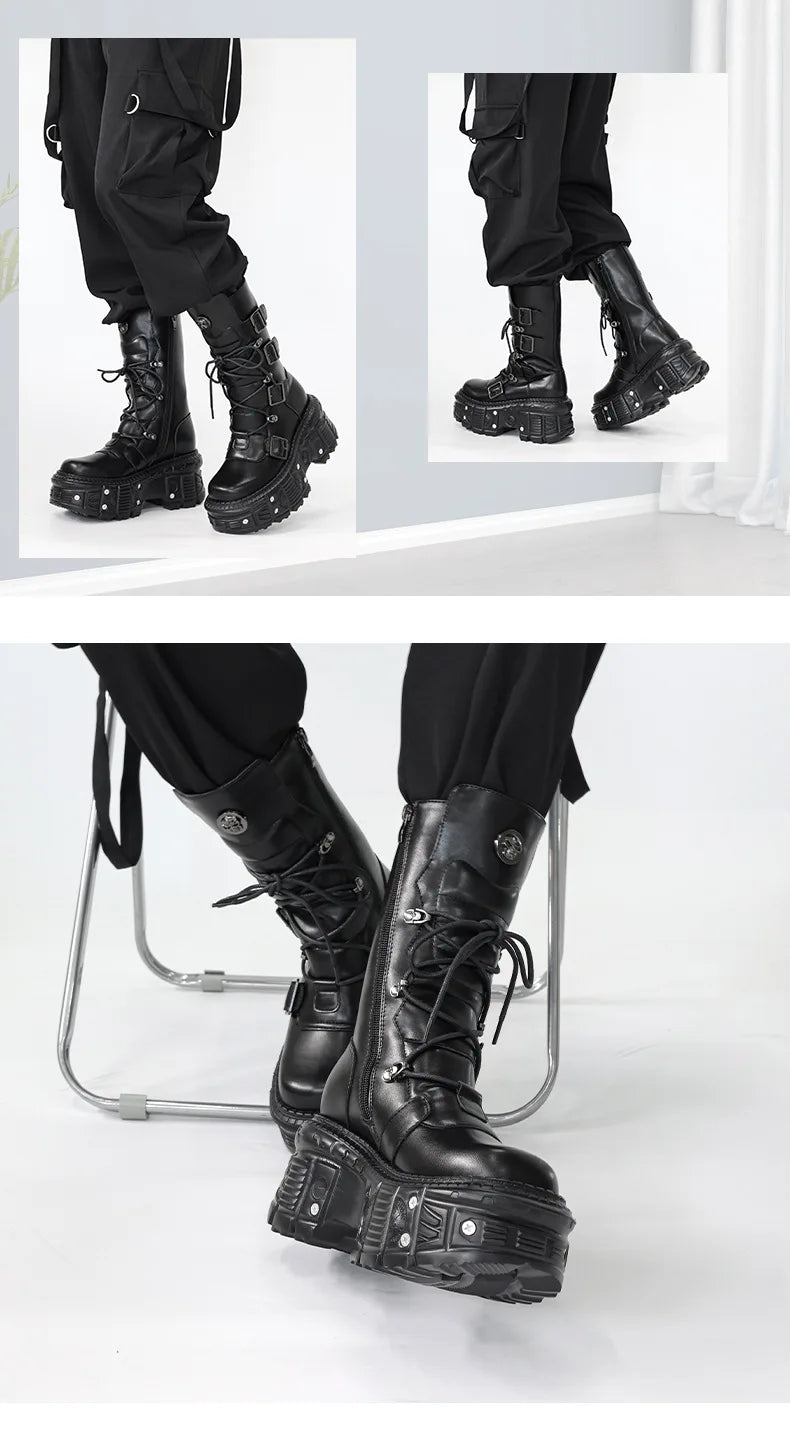 2025 Spring, Autumn and Autumn New Punk Style Women's Platform Spice Girls Metal Rock Motorcycle Fried Street Middle Boots Men