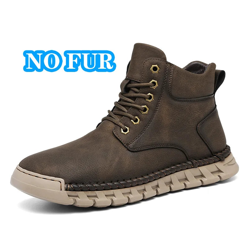 Lace-Up Men's High Top Shoes Classic Winter Men Ankle Boots Version Casual Motorcycle Boots Male Winter Plush Snow Leather Botas