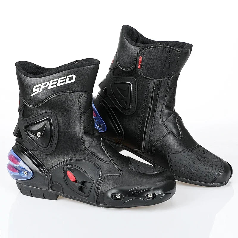 SPEED Botas Motorcycle Riding Boots for Men Rubber Sole Sport Bikes Ankle Protective Motorcycle Shoes with Zipper Closure