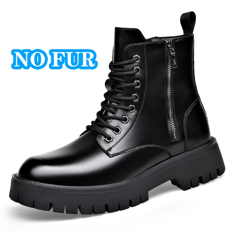 Retro Casual PU Leather Mens Motorcycle Boots Fashion Winter Plush Snow Boots Comfortable Leather High Top Shoes Man Warm Botas