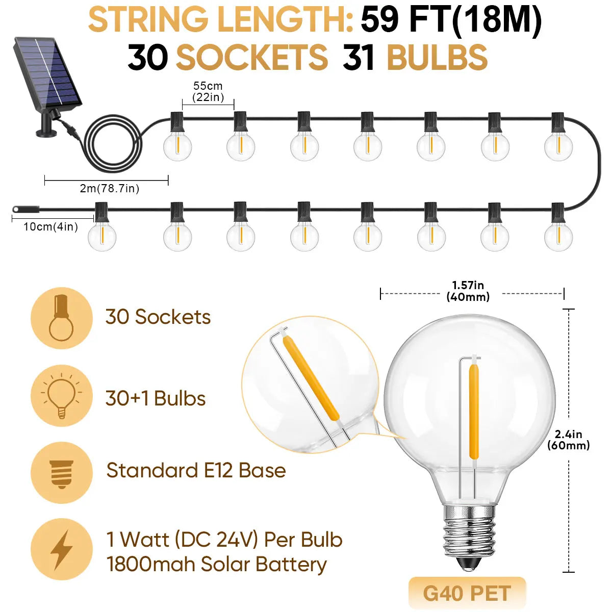 Led G40 Solar String Lights Outdoor Waterproof Garden String Lights USB Rechargeable Solar Light With Remote Decoration Light