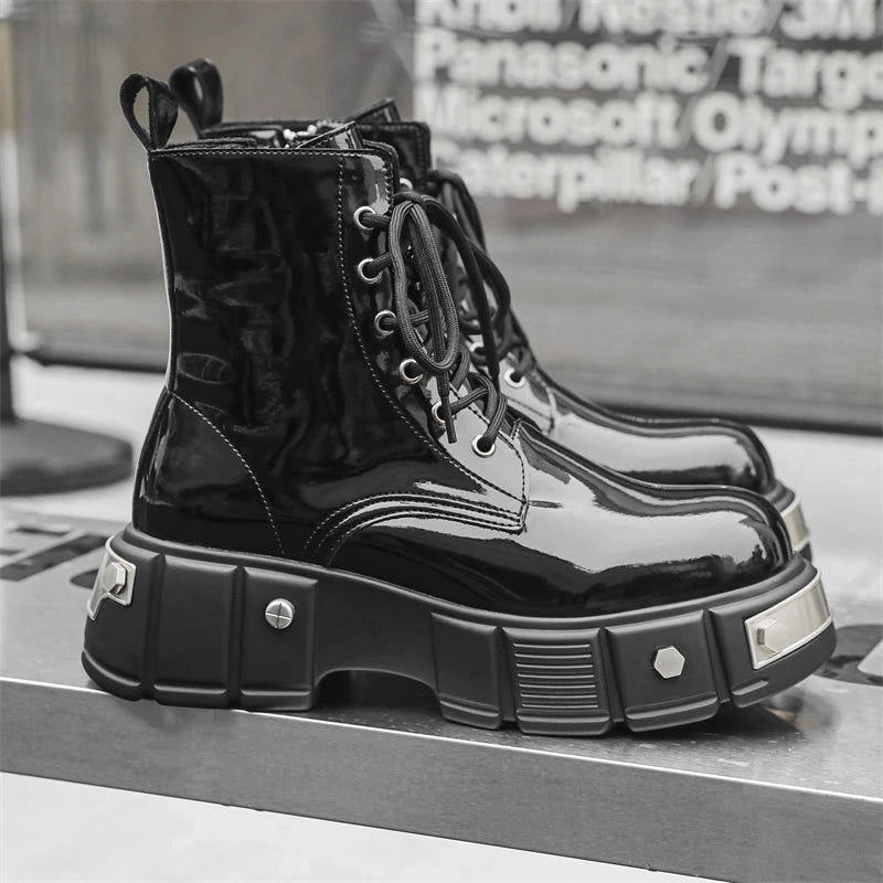 men's casual punk goth dress patent leather boots brand designer shoes cowboy platform boot cool long motorcycle botas masculina