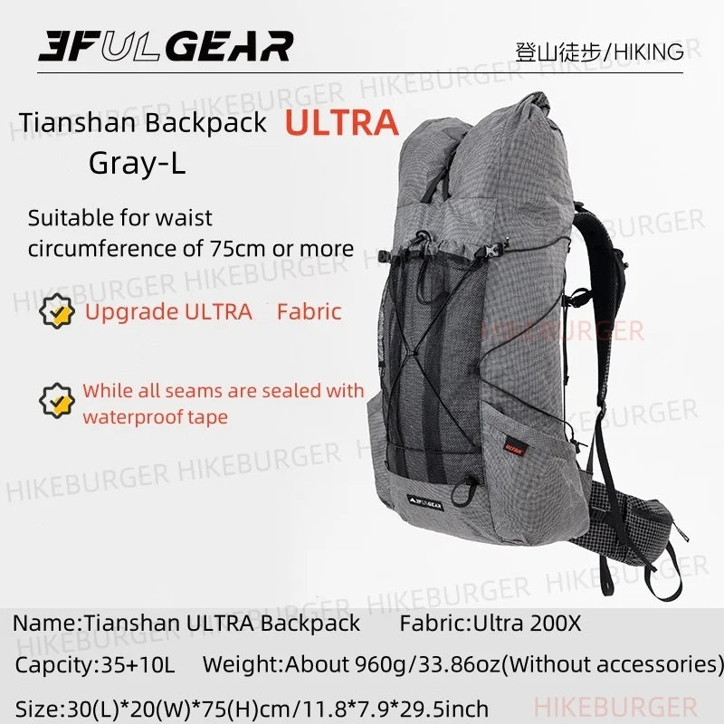 3F UL GEAR Tianshan ULTRA 200X Backpack 35+10L Outdoor Ultralight UHMWPE Bag Waterproof Tear Resistance Camping Hiking Pack 960g