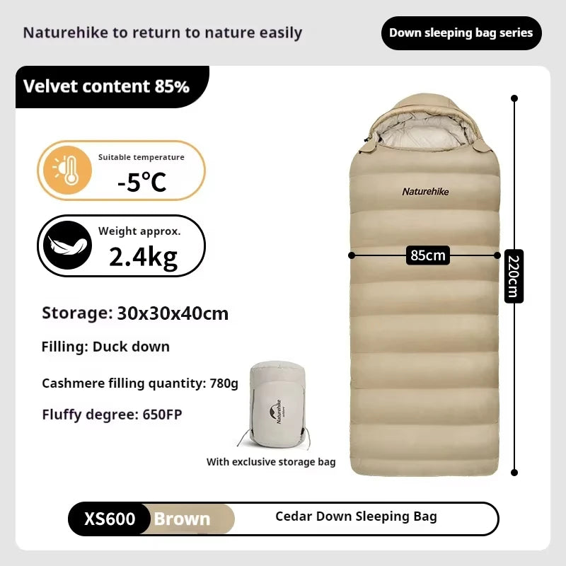 Naturehike Duck Down Sleeping Bag Ultralight Autumn Winter Spring Widened Sleeping Bag Hooded Windproof Waterproof -10℃ Outdoor