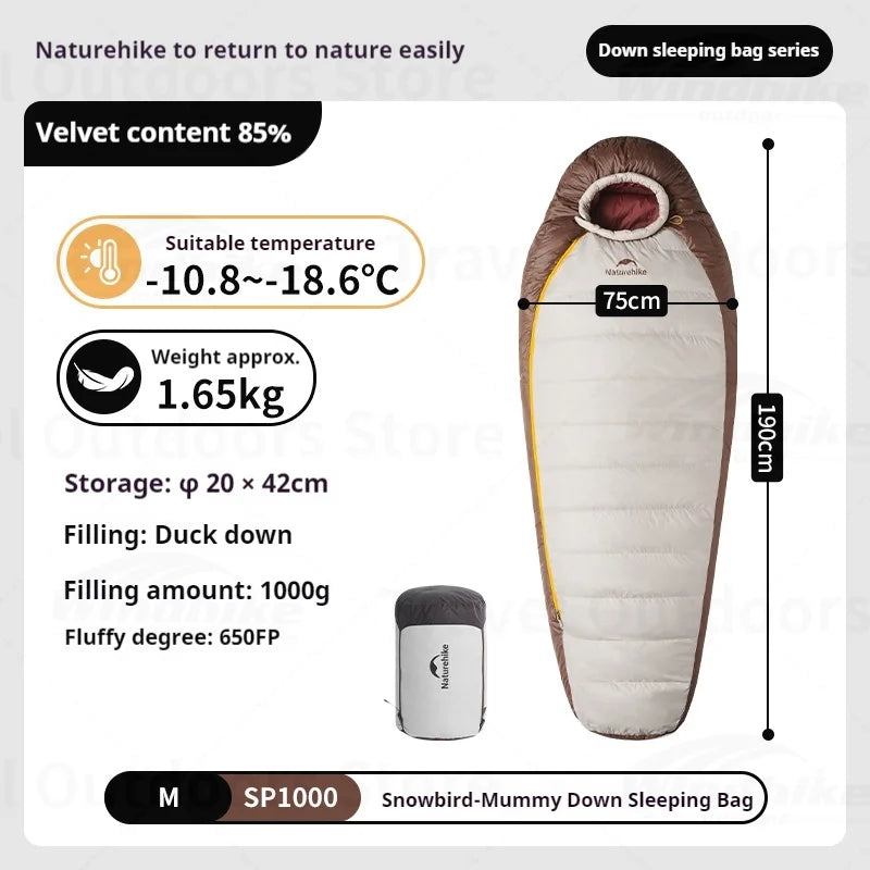 Naturehike Snowbird New Sleeping Bag Winter Duck Down Sleeping Bag Ultralight Camping Sleeping Bag Mummy 650FP Warm -10.8~3.8℃
