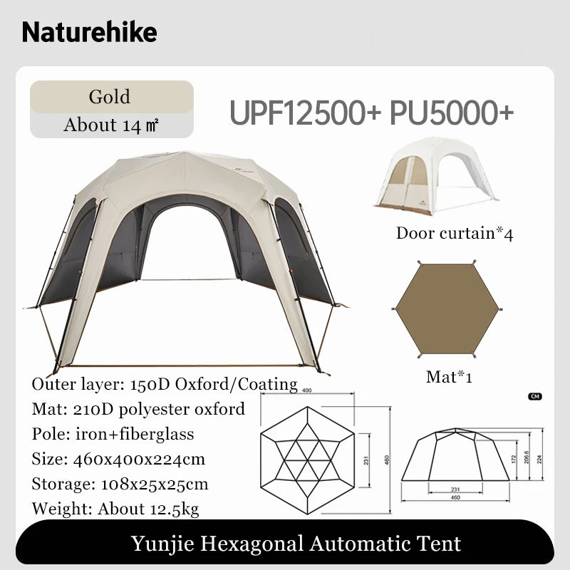 Naturehike Hexagonal Awning Tent Quick Opening Canopy Sunscreen Canopy PU5000 Sunshade Tent Outdoor Camping Travel Tarp Chimney