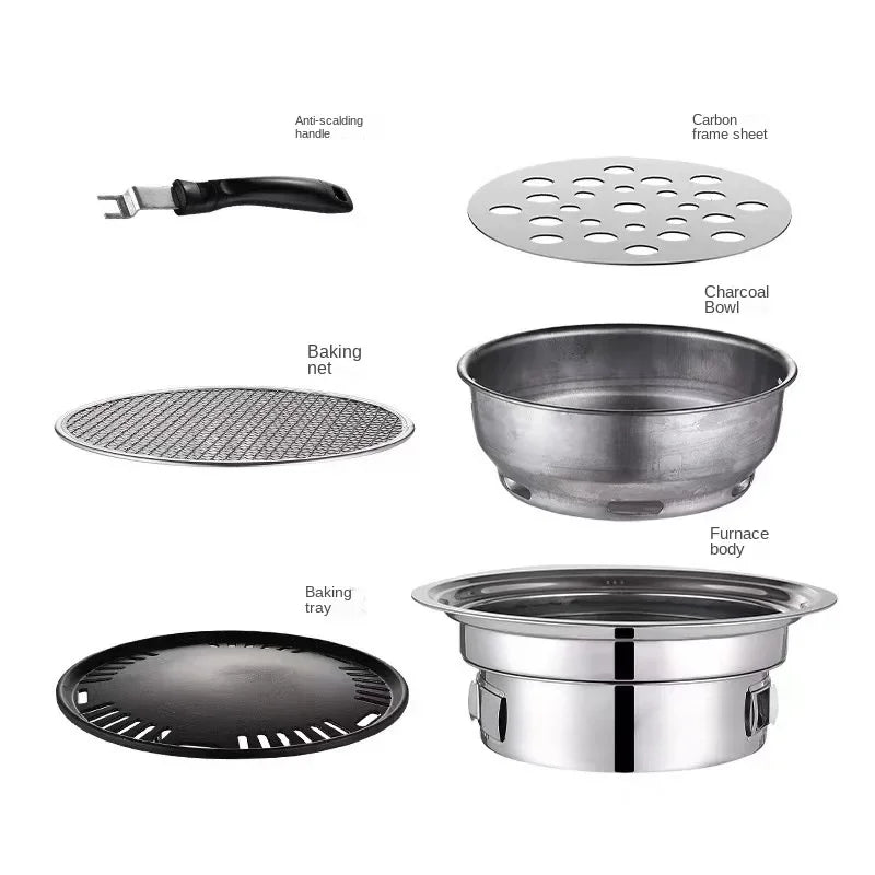 Stainless Steel Korean Barbecue Grill Round Household Commercial Camping Party Charcoal Grill Portable Charcoal Barbecue Grill