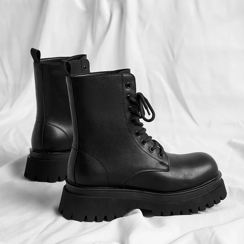 British style men luxury fashion platform boots lace-up genuine leather shoes cowboy chunky boot handsome high motorcycle botas