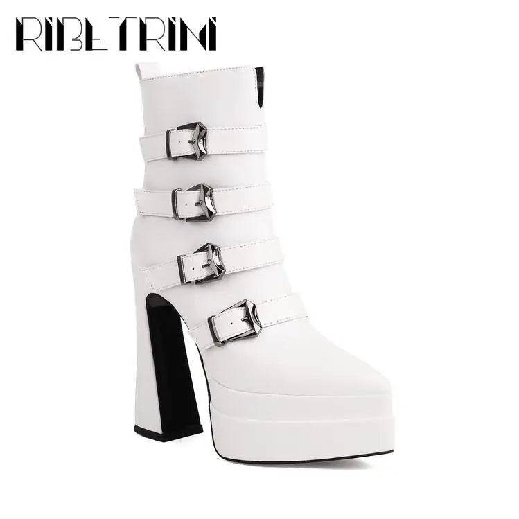 Platform Women Boots Pounted Toe High Heeled Double Platform Shoes Ankle Buckle Punk Goth Cool Fashion Brand Winter Boots Woman