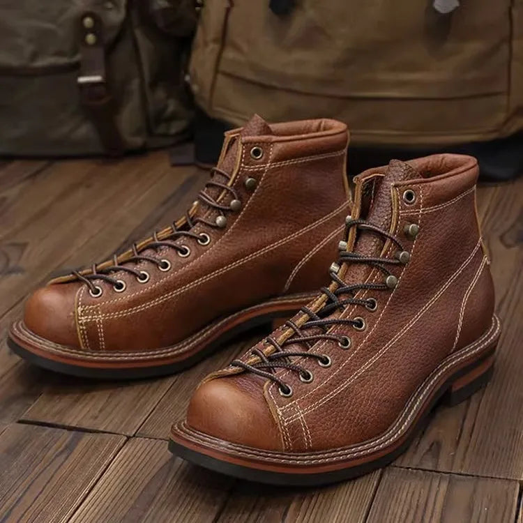 KOWM cowhide Hiking shoes men's trekking boot British ankle casual sneakers trekking shoes thick soled high top motorcycle boots