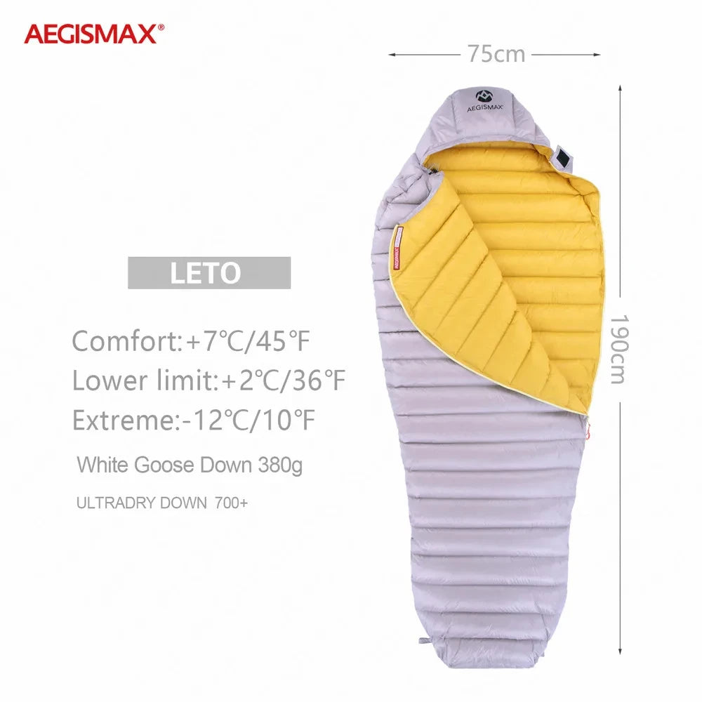 AEGISMAX LETO Outdoors White Goose Down Sleeping Bag Waterproof Camping Travel 36℉~45℉ Small Packing Down Sleeping Bag FP700+
