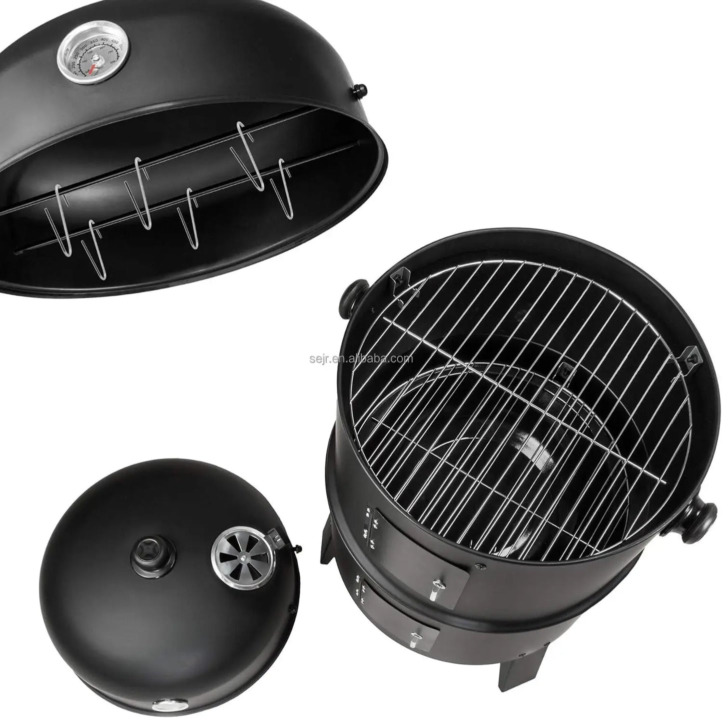 3 in 1 Outdoor BBQ Charcoal Grill, Barbecue, Smoker with Thermometer