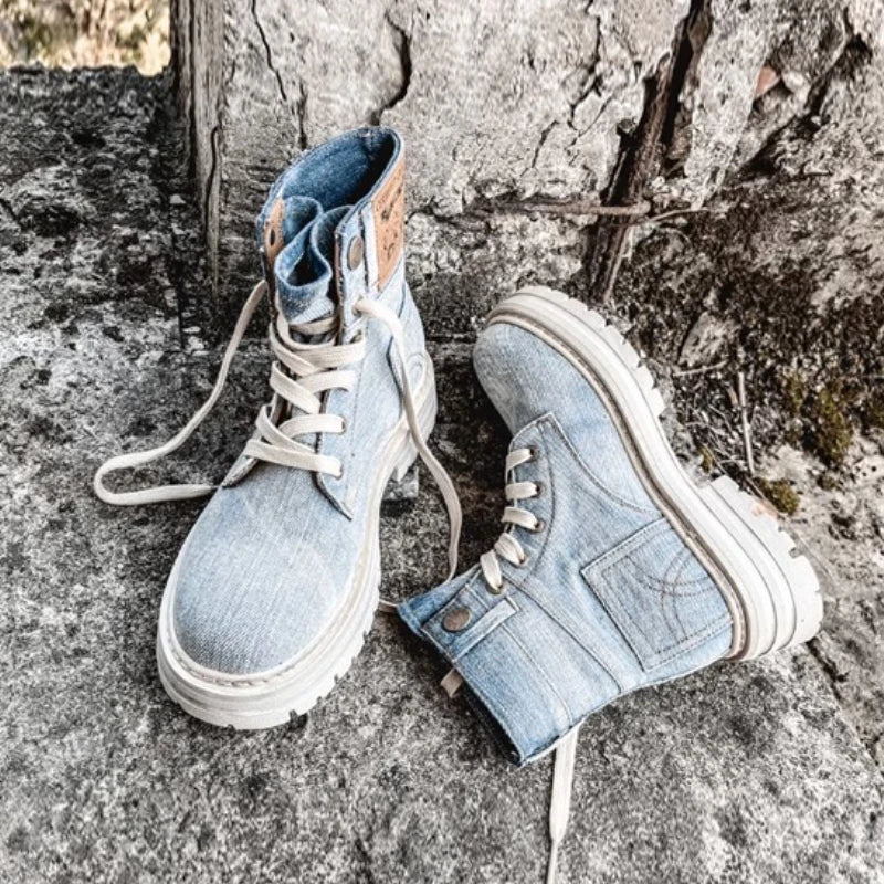 Retro Ankle Boots for Women's Lace Up Thick Sole Shoes Female Round Toe Short Boots Work Dress Western Denim Boots Shoes women