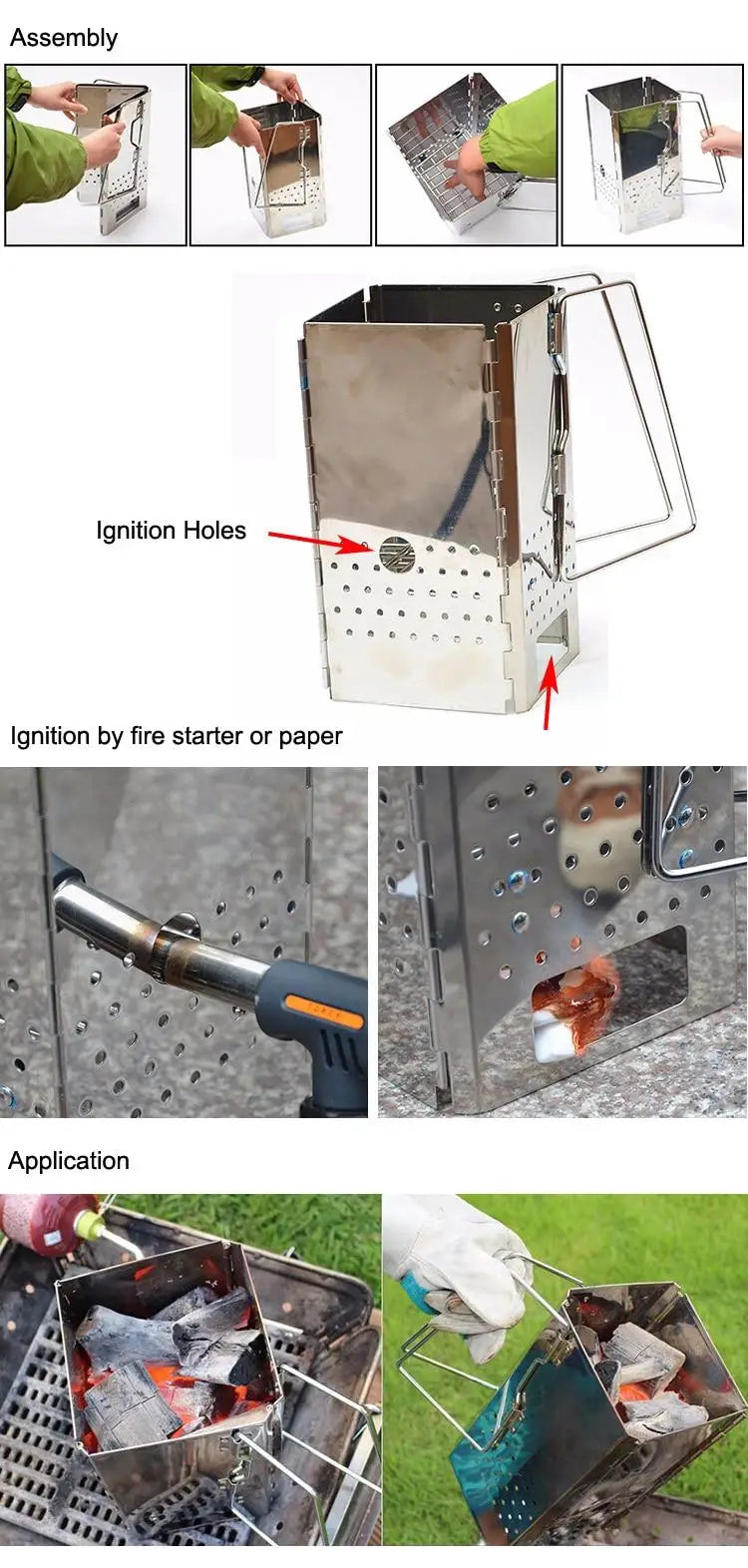 Portable Chimney Cooker Stove, Stainless Steel Wood Burner, Foldable Charcoal Starter for Outdoor Camping