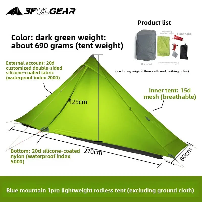 3F UL GEAR LanShan 1 pro Just 690 Grams 1 Person Outdoor Ultralight Camping Tent 3/4 Season 230*80*125CM Two Side Camping Tent