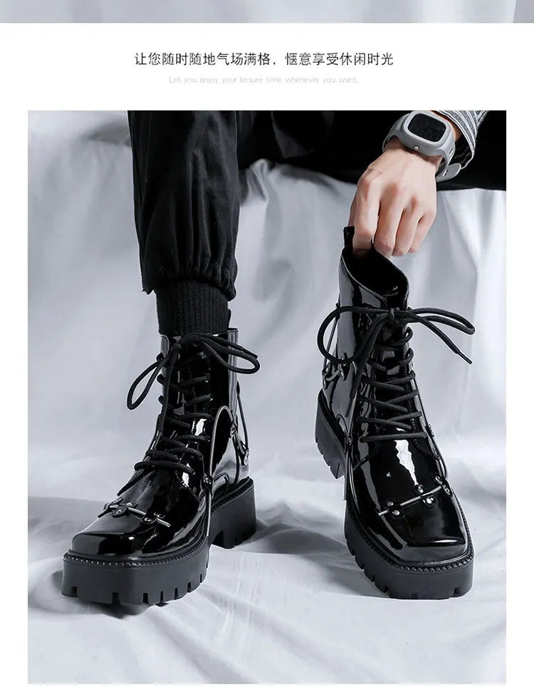 2025 Niche British Style Platform Derby Shoes Square Head Bright Leather Men's Business Casual Retro Boots