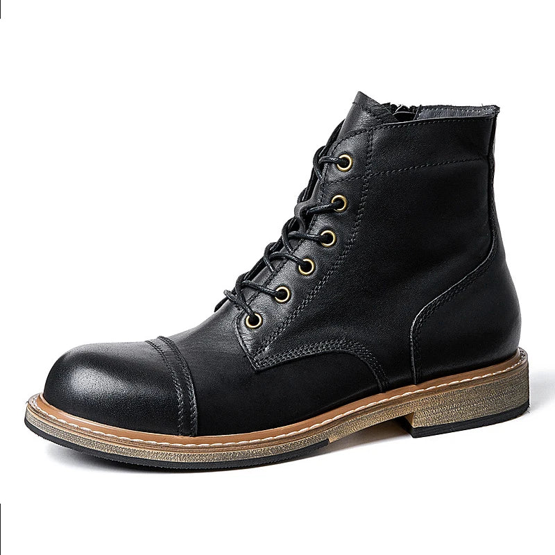 EU Size 38-44 Motorcycle Boots Men Cowhide Motorbike Ankle Boots Thick Soled High Top Western Work Boots Fashion Leather Shoes