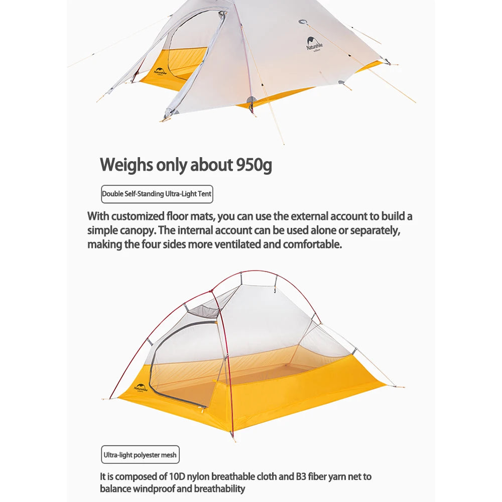 Naturehike Cloud Up 2 Camping Tent 1-2 Person Nylon 20D Travel Tent Waterproof Portable Hiking Backpacking Tent Ultralight