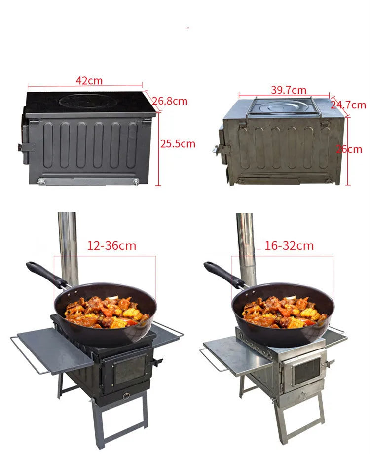 Outdoor Camping Wood Stove, Portable Charcoal Barbecue Grill, Stainless Steel, Multifunctional Cooking Tent Stove