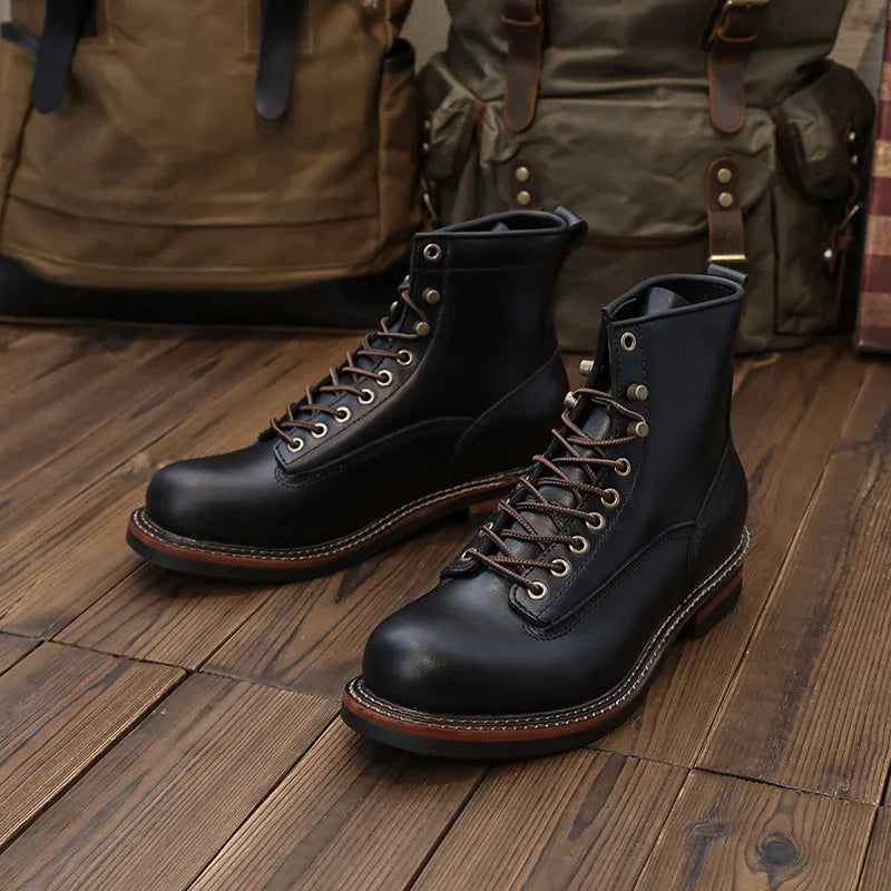 European Short-faced Leather Motorcycle Riding Boots Top Layer Cowhide Men's Autumn Winter British Trendy Outdoor Shoes Male