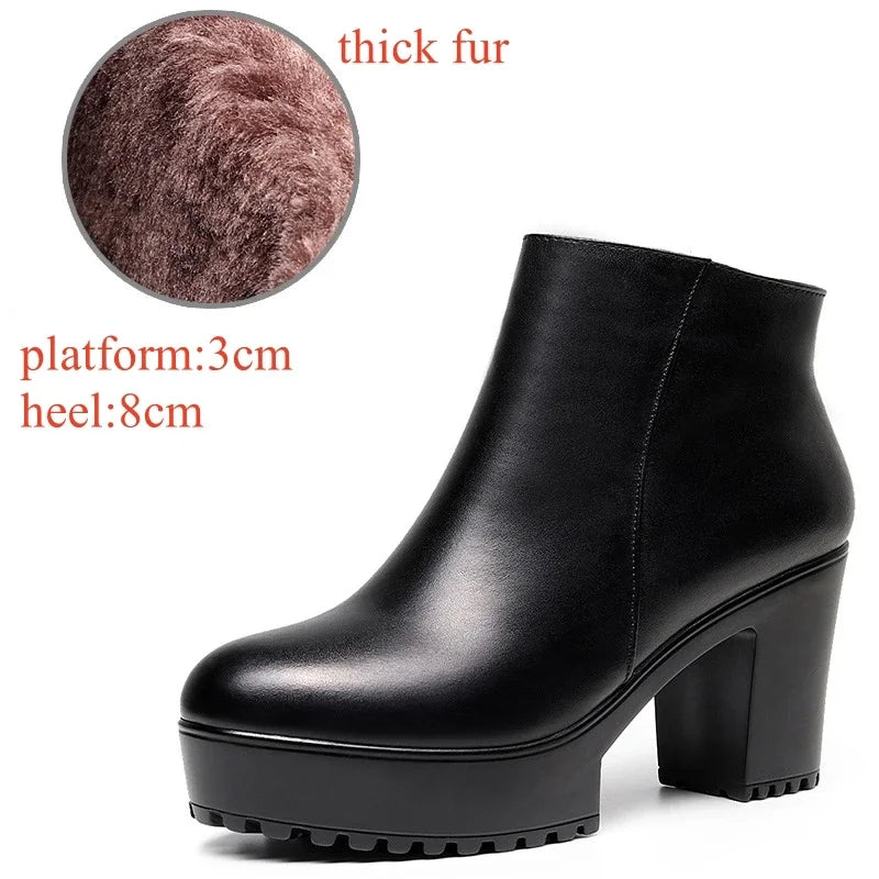 8cm 10cm Small Size 33-43 Thick Bottom Platform Shoes Ankle Boots with Fur 2024 Block High Heels Genuine Leather Boots Office