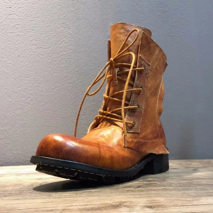 Handmade Vintage Round Toe Mens High Top Work Safety Shoes Cowhide Genuine Leather Ankle Boots Lace Up Motorcycle Riding Boots