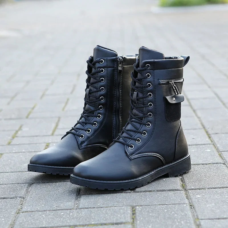 2024 Retro Men's Punk Boots Fashion Street Men Motorcycle Boots Luxury Buckle Strap Tooling Shoes Denim Mid-high Men Army Boots