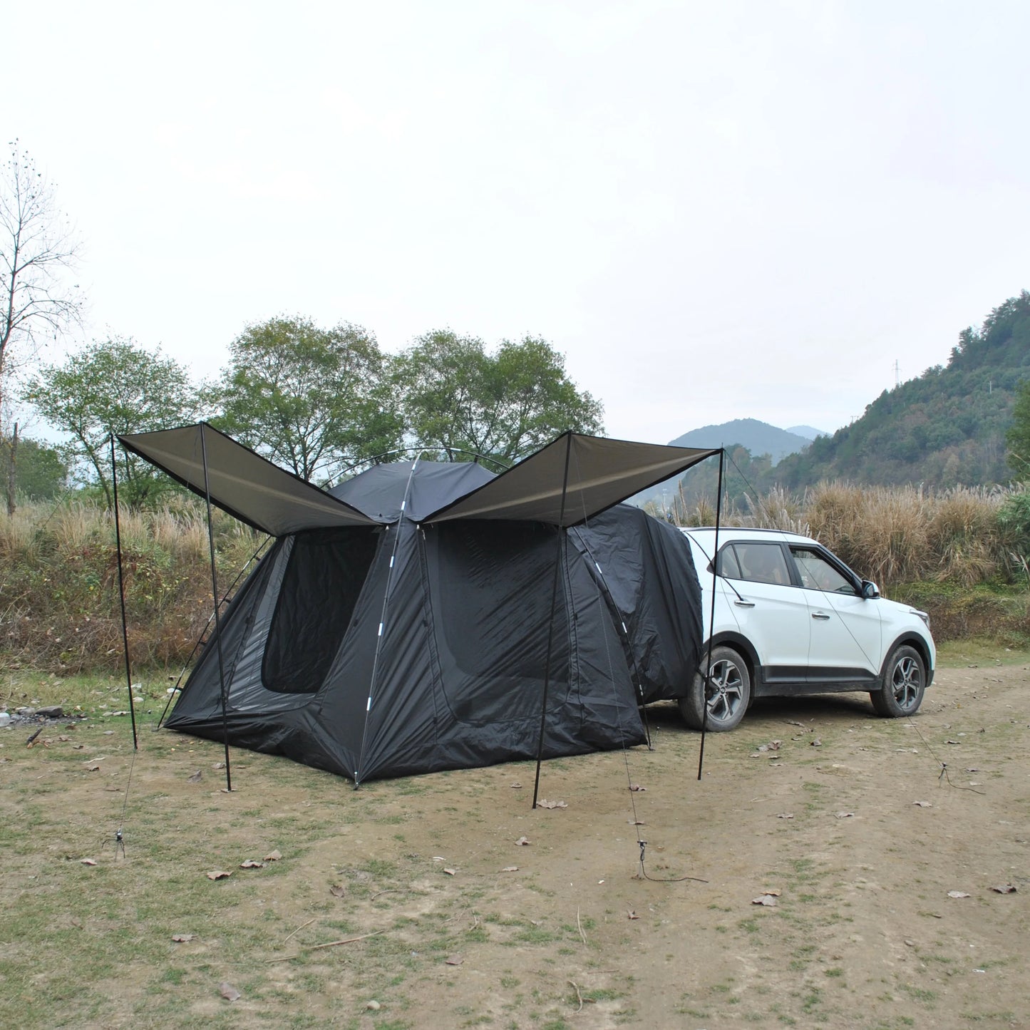Car Rear Tent with Large Awning, Rear Tailgate Tents with Floor, 4 Person Family Camping, PU4000 Waterproof Fabric