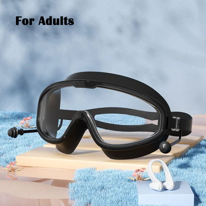 1Pair of Big Frame Swimming Goggles for Kids&Adults Anti-Fog No Leak Clear Wide View Scuba Diving Swimming Glasses with Earplugs