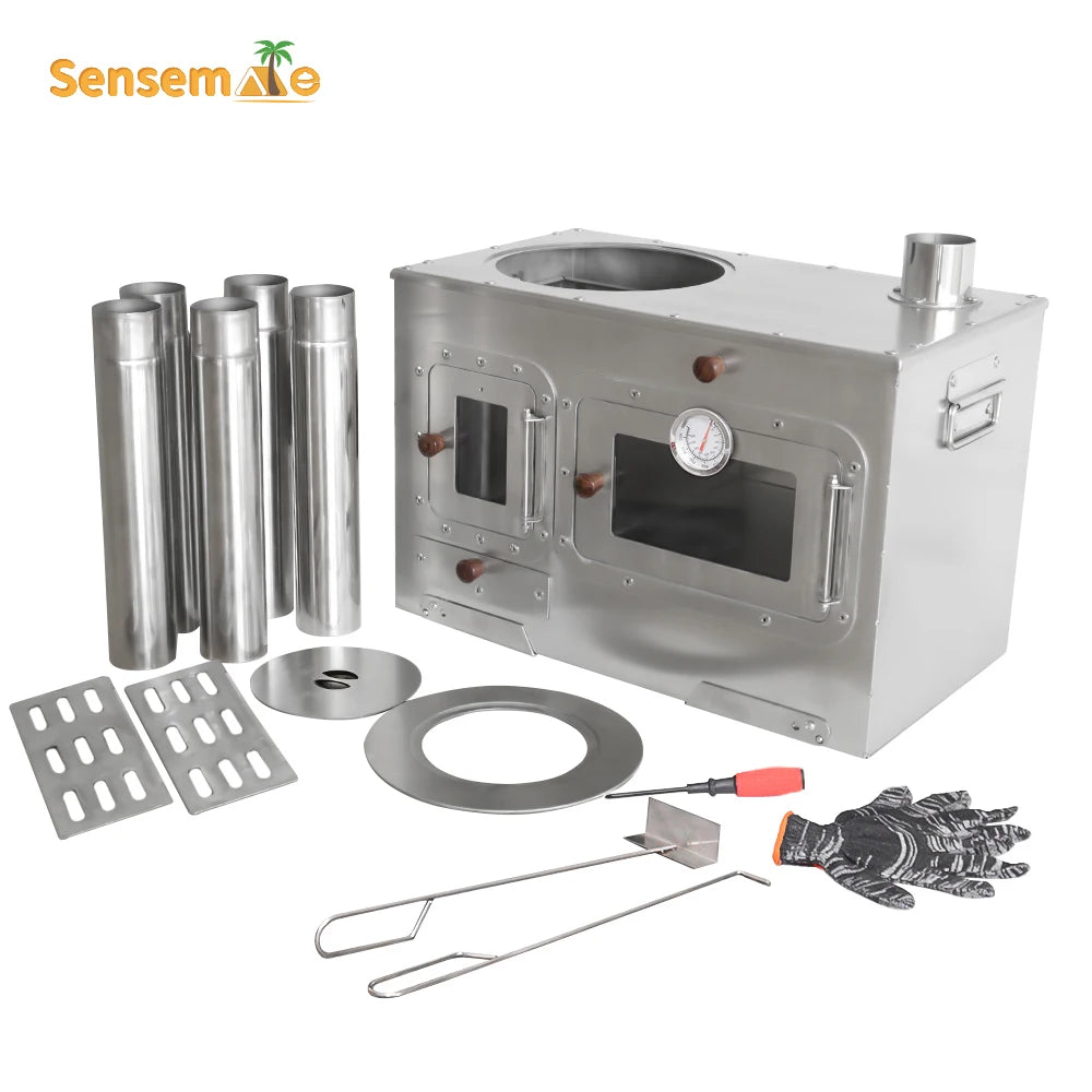 Wood Fire Oven Outdoor BBQ Stove with 9" Pizza Oven Large Multifunction Wood Fired Burning Stove Built-In Thermometer Camping