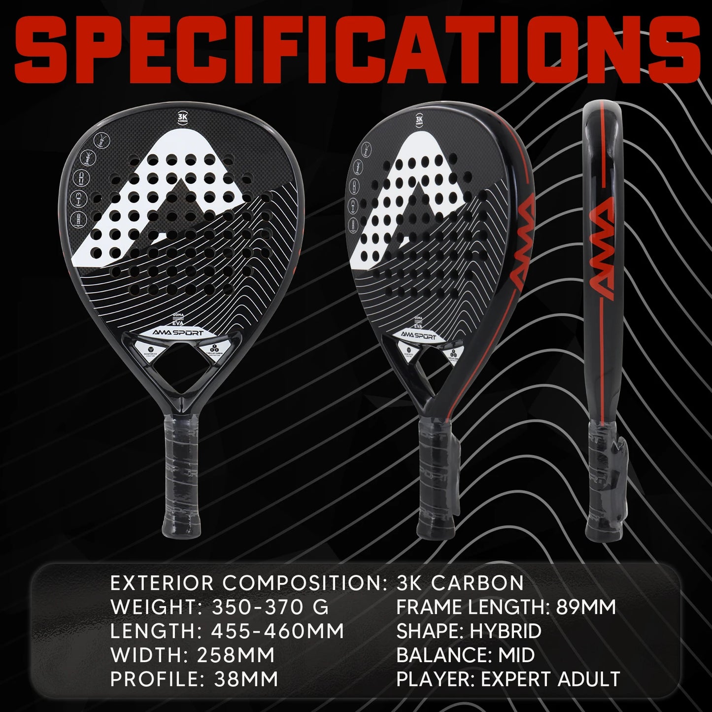 AMASPORT Padel Tennis Racquets Full Carbon Fiber Rough Surface High Quality Padel Rackets Provides A Great Hitting Experience