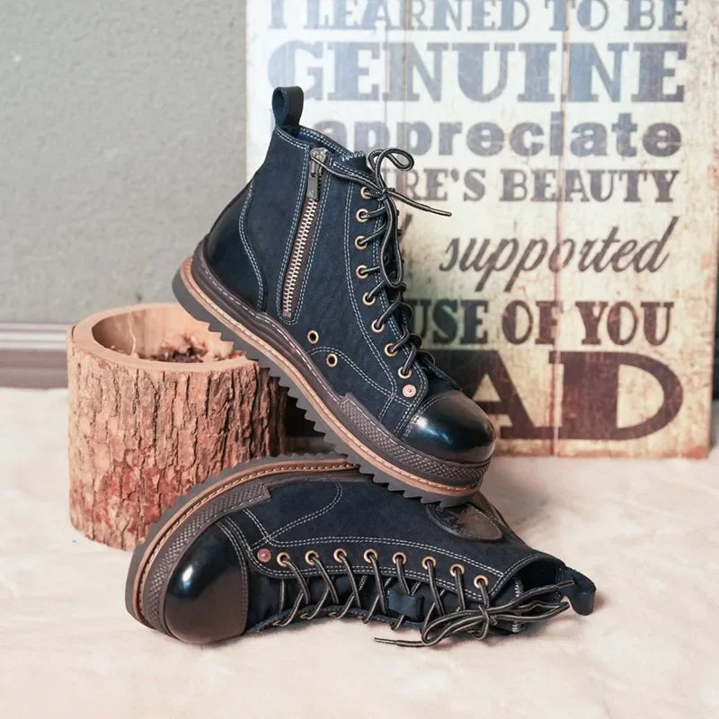 Retro Uglybros Motorcycle Boots Cowhide Canvas Shoes Ankle Protect Motorbike Zapatone British Style Botas For Harley For TRIUMPH