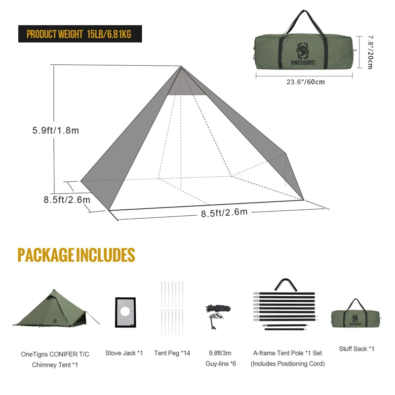 OneTigris CONIFER T/C Chimney Tent 1-2 persons Pyramid/Teepee Hot Tent With Tent Poles Snow Skirts for Camping & Bushcrafting