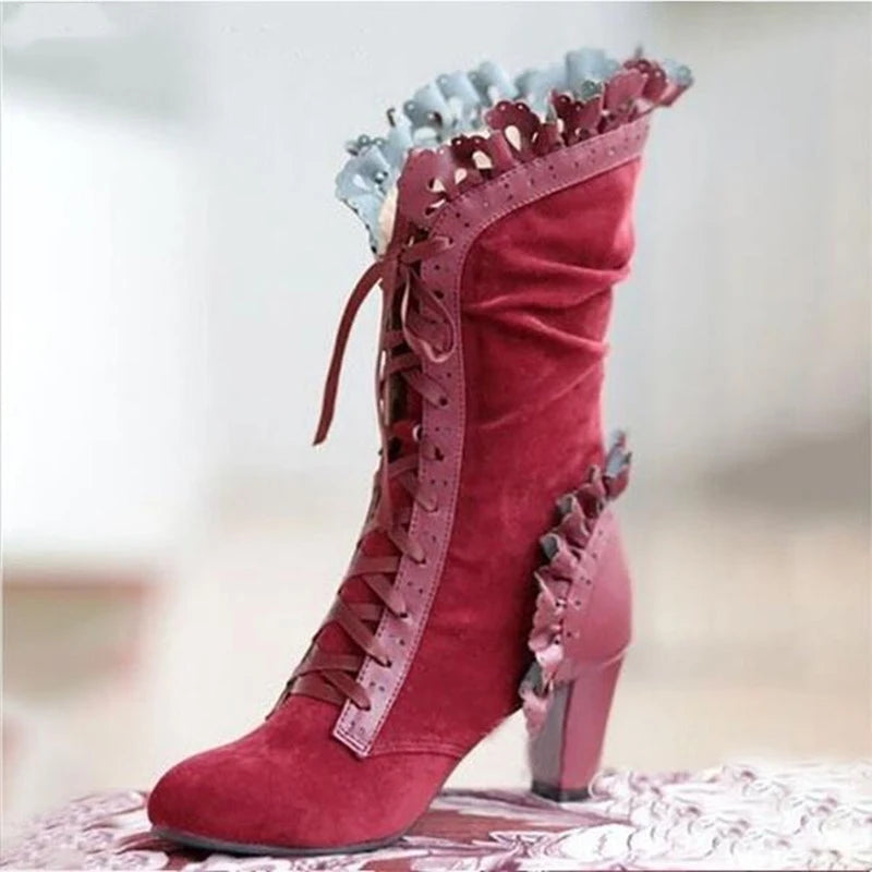 Women Lace Women's High Heel Middle Tube Boots Botas Zapatos Mujer Retro Leather Winter Shoes Booties Cowboy Botas Mujer