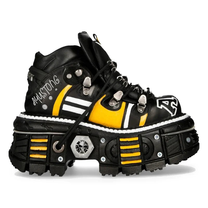 Fashion Men's Genuine Leather Punk New Motorcycle Boots Spanish Tank Metal High-Top Platform Women Handmade Ankle Shoes