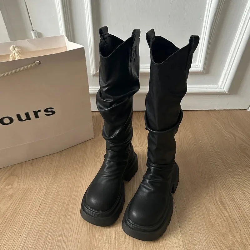 Size 35-42 Big Round Toe Punk Block Heel Motorcycle Boots Platform Lace-Up Mid Calf Work Boots Cool Fashion Boot