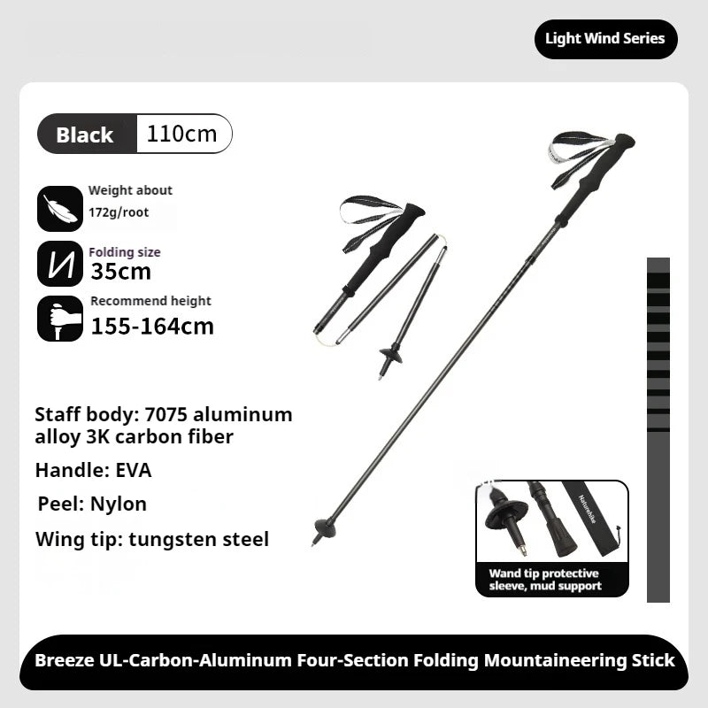 Naturehike Outdoor Alpenstock Carbon 4-sections Foldable Aluminum Alloy Ultralight Trekking Pole Adjustable Hiking Walking Stick