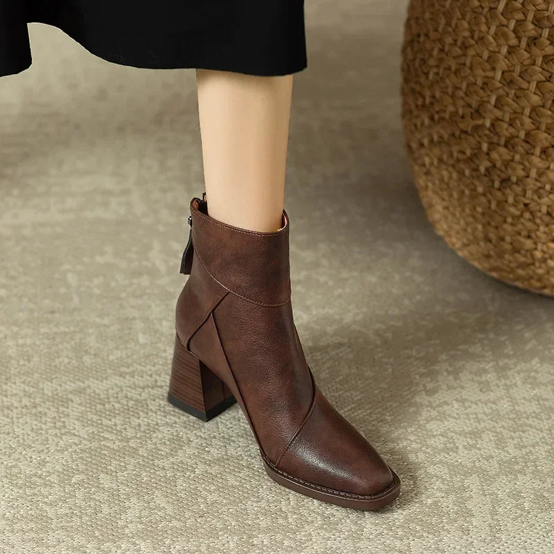 Woman Chunky Ankle Boots Women Zipper Retro Brown Soft Leather Short Boot Autumn New Square Toe Casual High Heel Booties Mujer