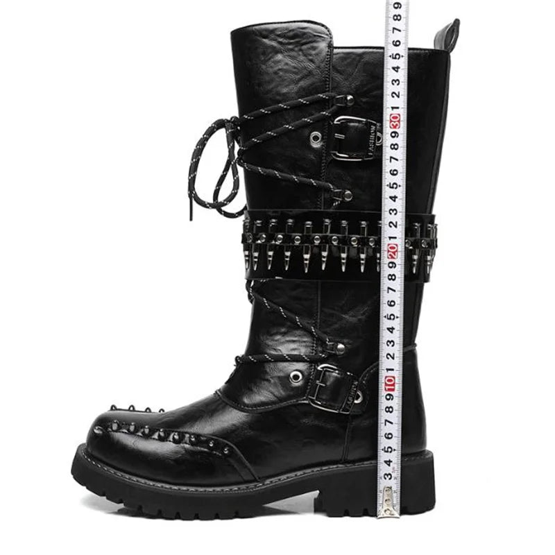 Round Toe Metal Decorations Belt Buckle men Boots Thick Sole Flats Black Zipper Fashion Punk Gothic Equestrian Motocycle Boots