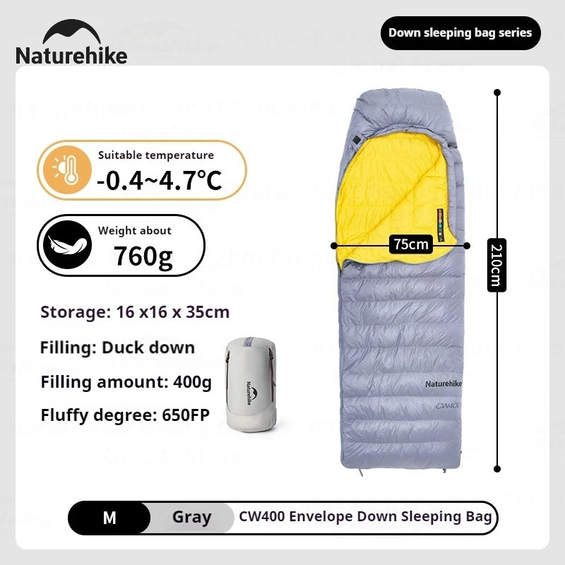 Naturehike CW400 Sleeping Bag Winter 650FP Duck Down Hooded Hiking Sleeping Bag 20D Nylon Waterproof Ultralight Envelope Warm