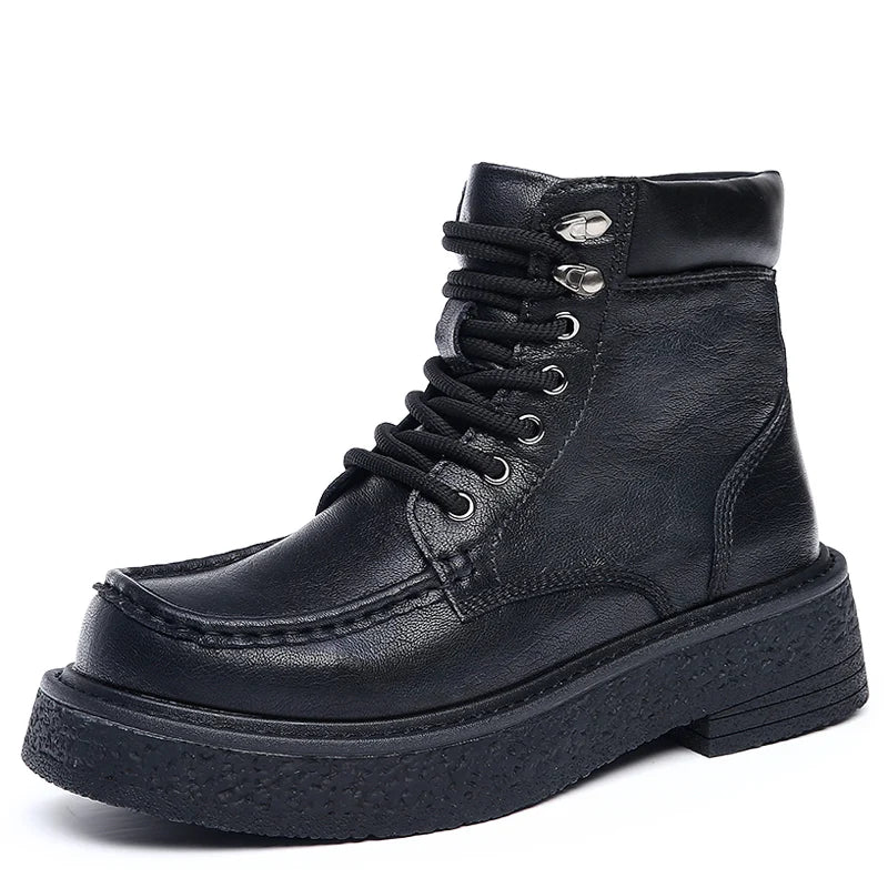 Leather Male Casual Shoes High Quality Comfortable Motorcycle Boots New High Top Man Botas Fashion Mens Lace Up Walking Boots